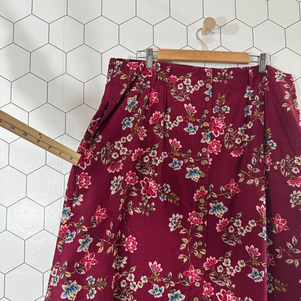 Sundance Womens XL Burgundy Floral Cotton Button Front Midi Skirt with Pockets - Picture 6 of 9